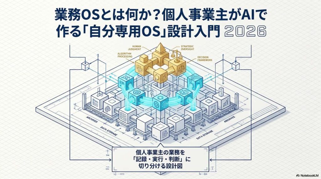 業務OS（記録層・実行層・判断層）の3層モデル構造をシンプルに表現したイメージ