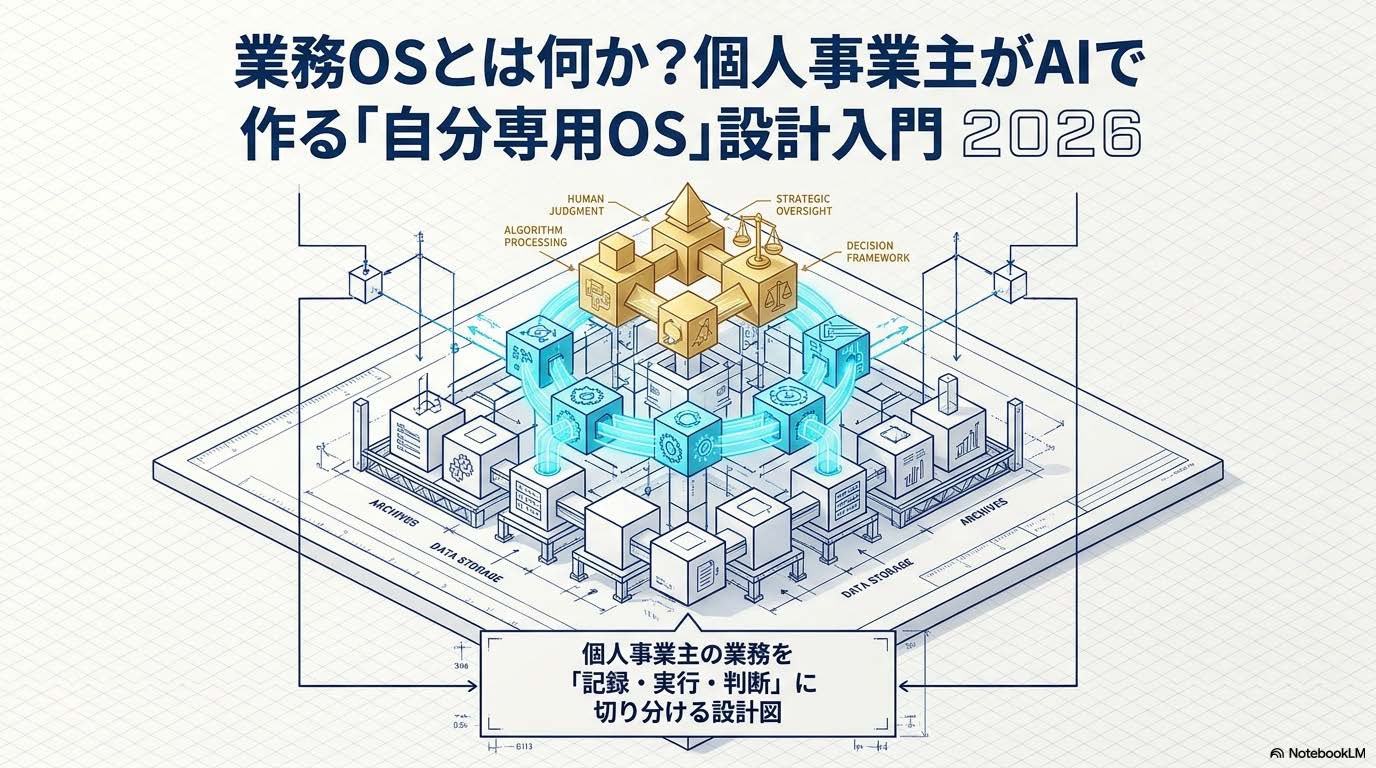業務OS（記録層・実行層・判断層）の3層モデル構造をシンプルに表現したイメージ