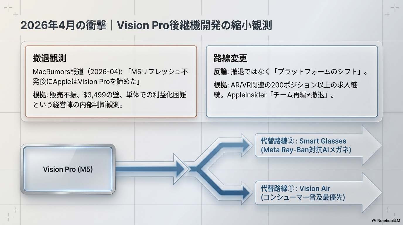 2026年4月のVision Pro後継機開発縮小観測 - MacRumorsとMark Gurman氏の報道整理