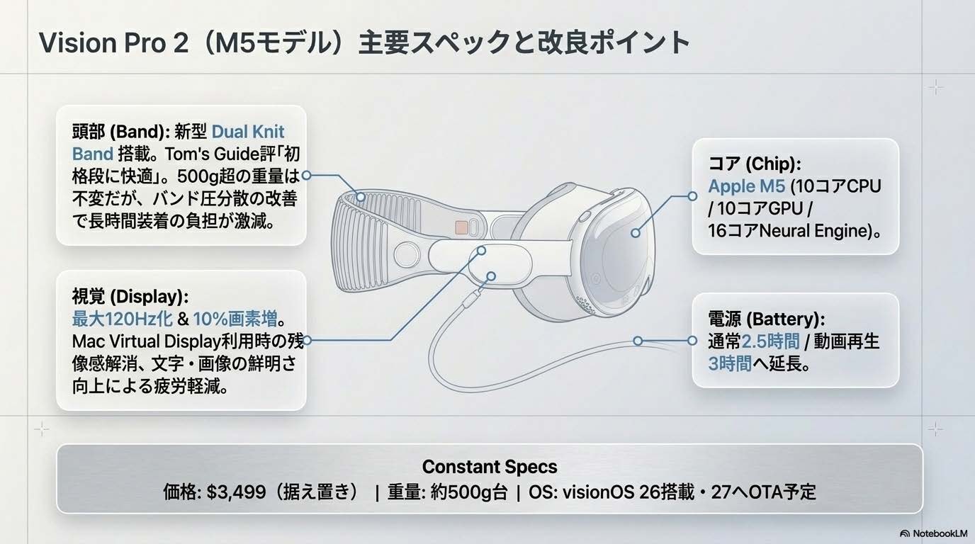 Vision Pro 2（M5モデル）の主要スペック - M5チップ・Dual Knit Band・120Hz・3時間バッテリー