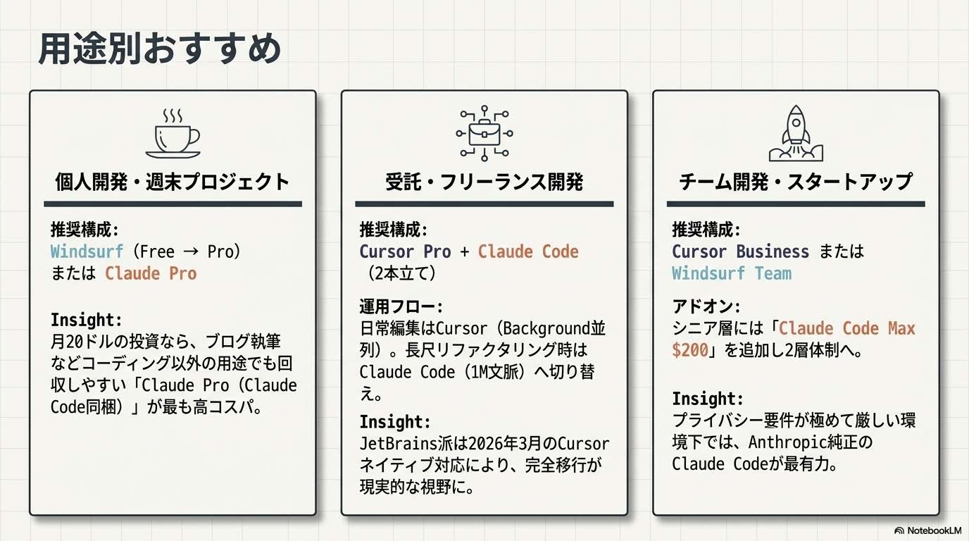 AIコーディングエディタの用途別おすすめ（個人開発・受託フリーランス・チーム開発）