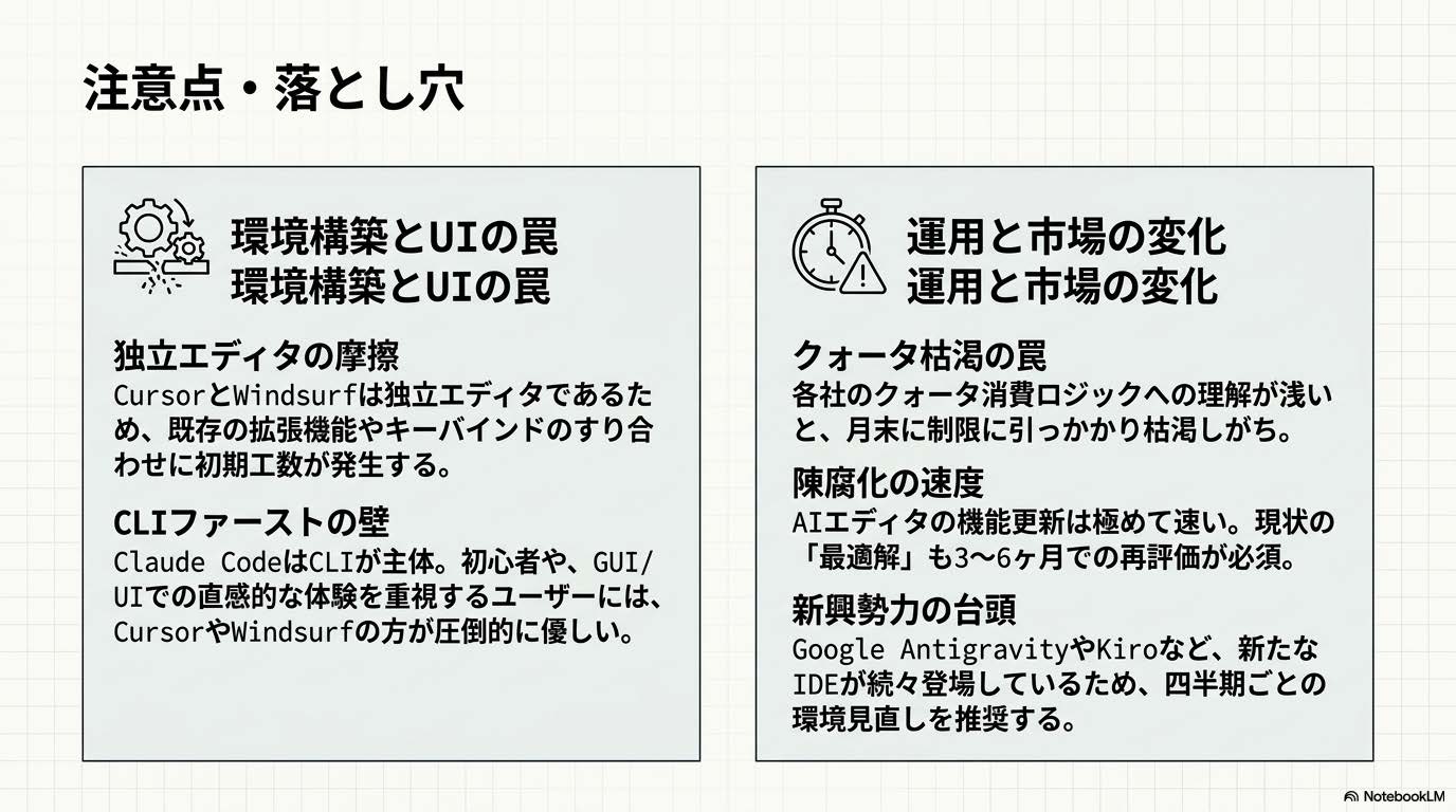 AIコーディングエディタ導入時の注意点と落とし穴（機能更新の速さ・独立エディタ移行・CLI/UI慣れ・クォータ消費）