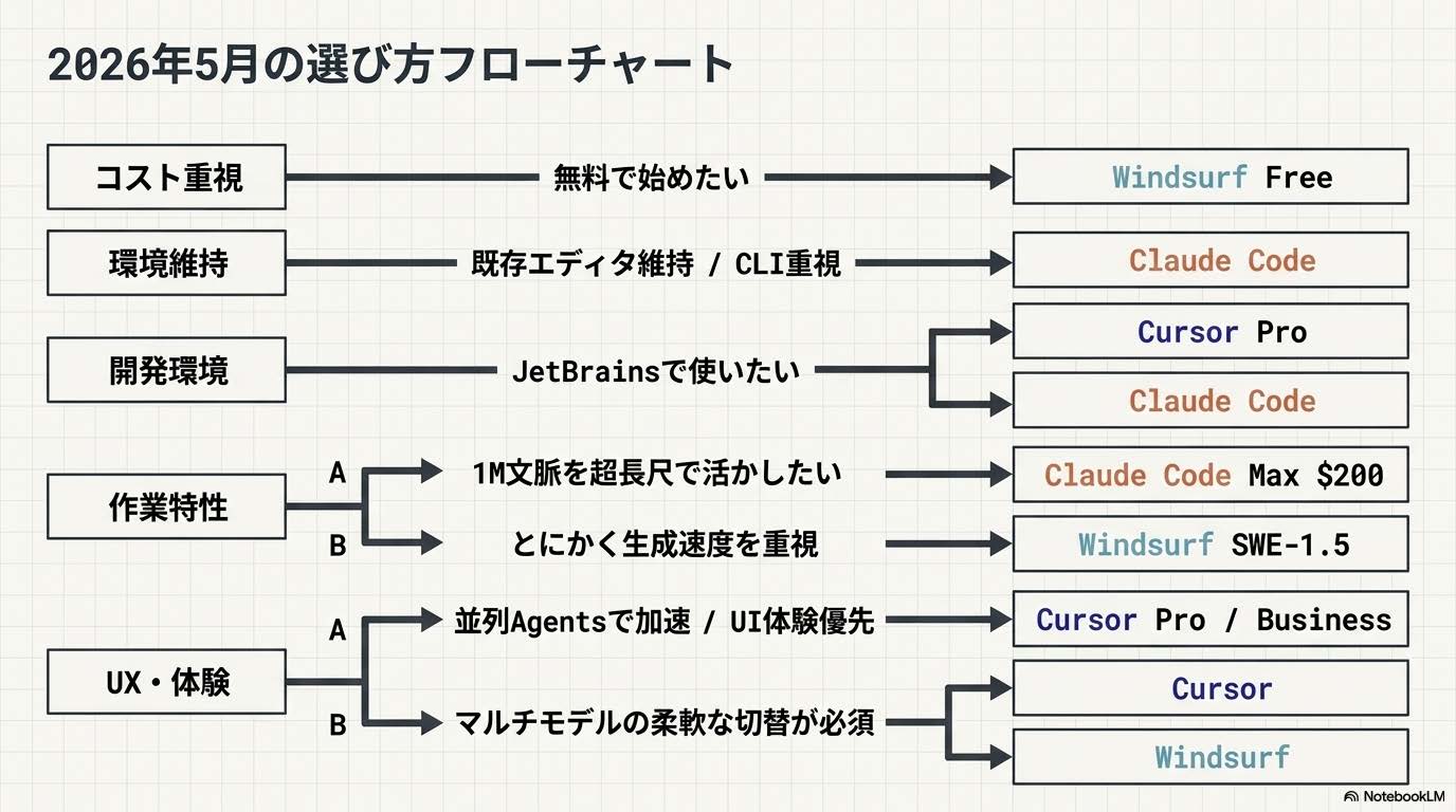 Windsurf・Cursor・Claude Codeの選び方フローチャート（無料/UI/JetBrains/長尺/並列/速度/マルチモデル）