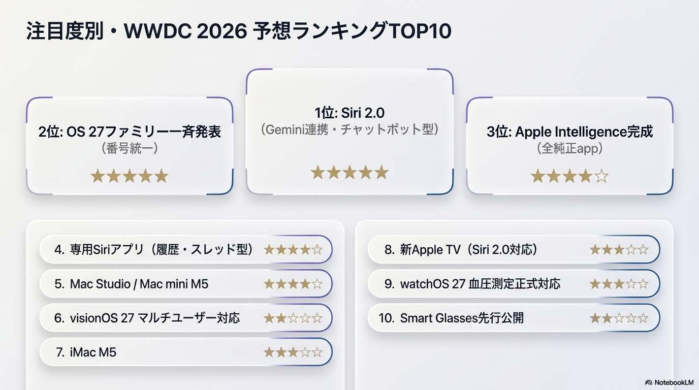 WWDC 2026 注目度別・予想ランキングTOP10（Siri 2.0/OS 27ファミリー/Apple Intelligence/Mac M5等）