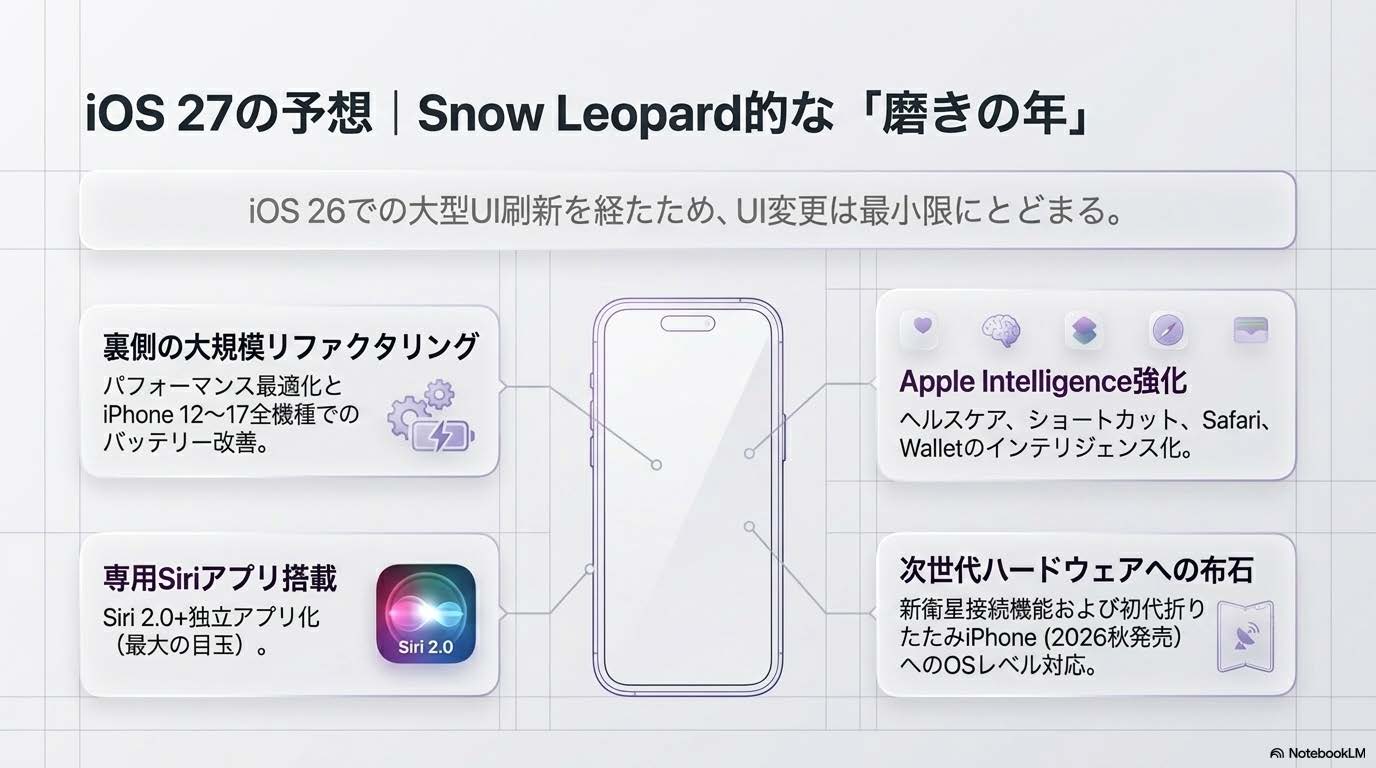 iOS 27予想 - Snow Leopard的な磨きの年・性能改善・折りたたみiPhone対応・新衛星接続