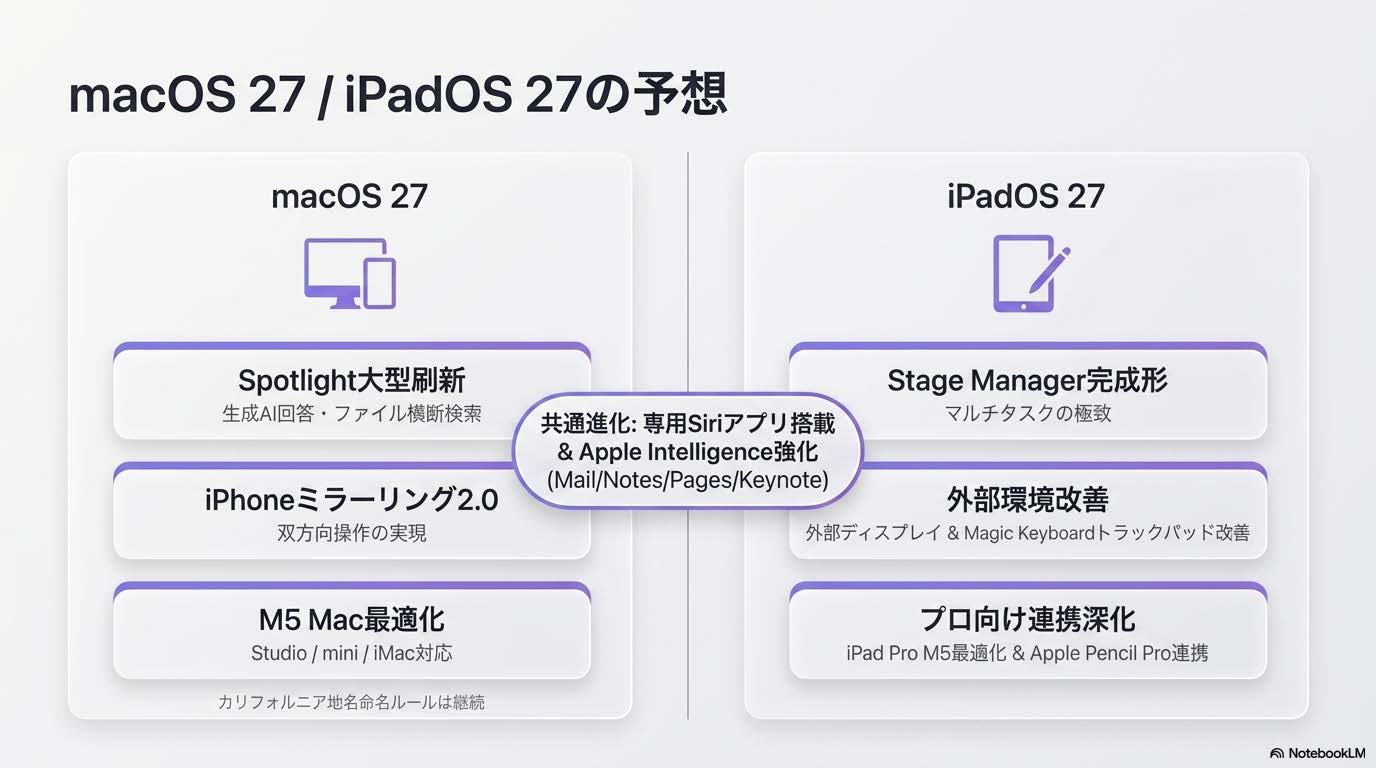 macOS 27 / iPadOS 27の予想 - 専用Siriアプリ・Spotlight大型刷新・iPhoneミラーリング2.0