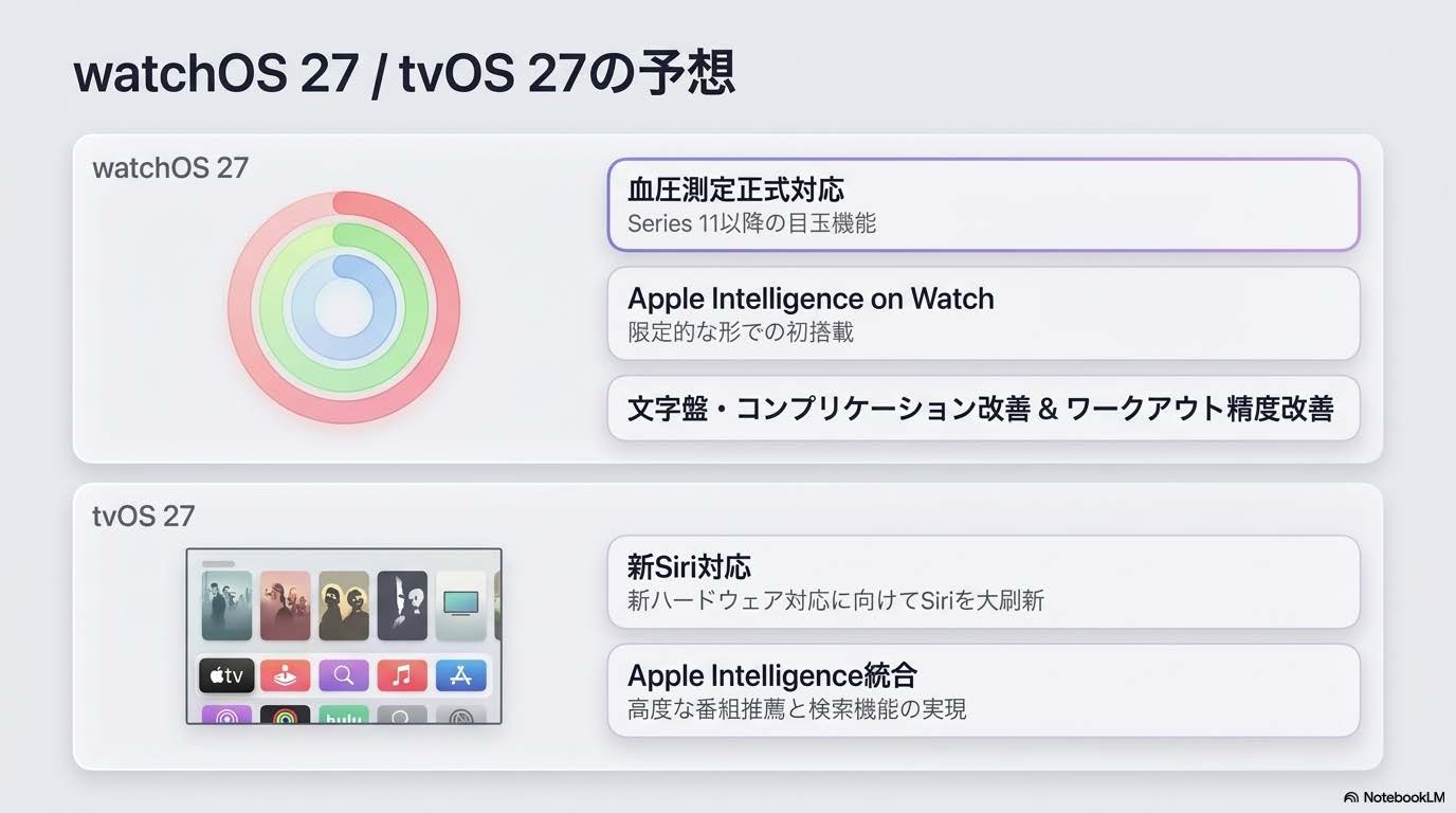 watchOS 27 / tvOS 27の予想 - Apple Intelligence on Watch・血圧測定正式対応・新Apple TV