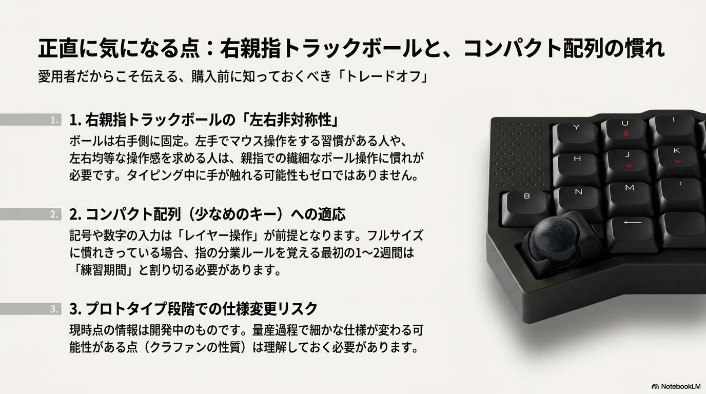Orca echoの右親指トラックボール位置とコンパクト配列の注意点を整理した図