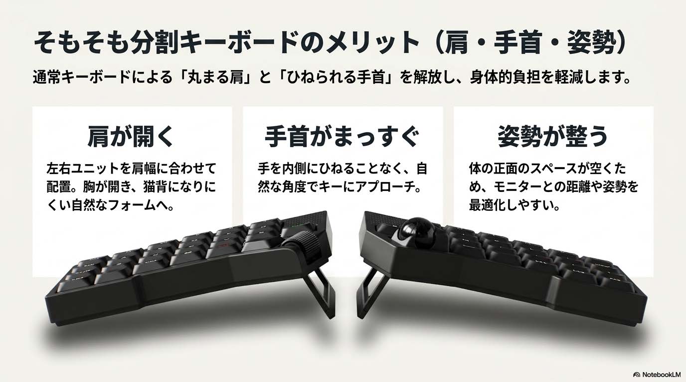 分割キーボードが肩・手首・姿勢の負担を減らすメリットの解説図