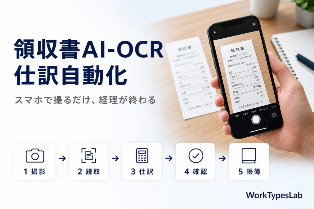 領収書をAI-OCRで撮るだけで仕訳まで自動化する流れを示したアイキャッチ画像