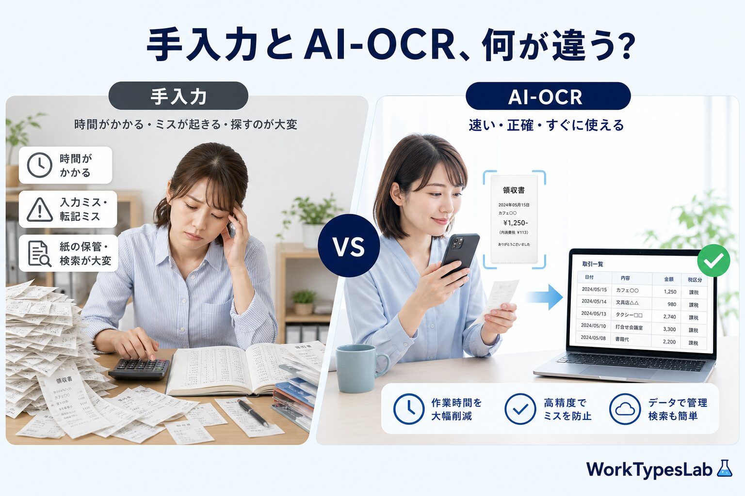 手入力とAI-OCR仕訳の違いを比較した図