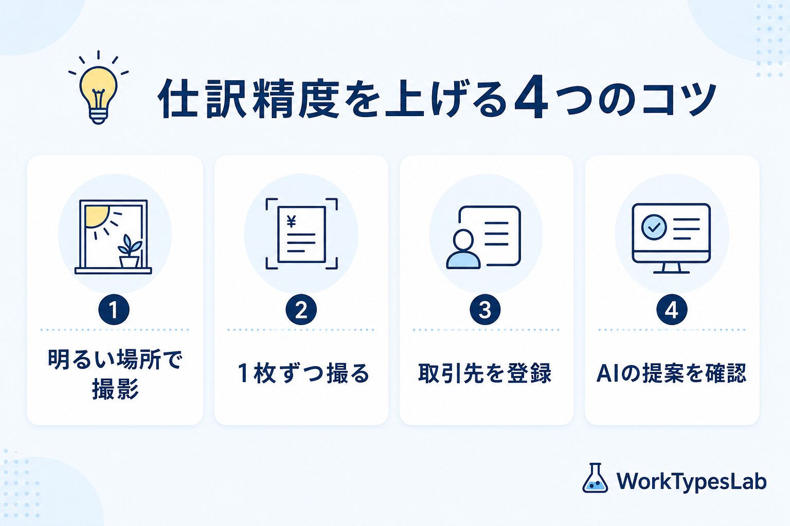 AI-OCRの仕訳精度を上げる4つのコツをまとめた図