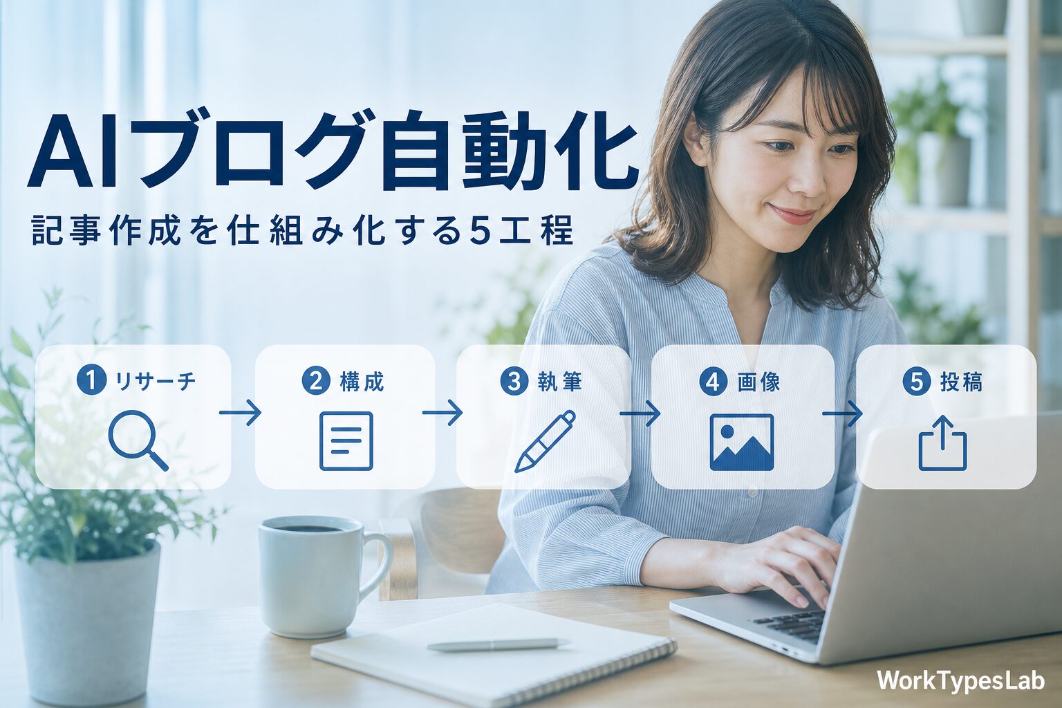 AIブログ自動化の5工程フロー図解