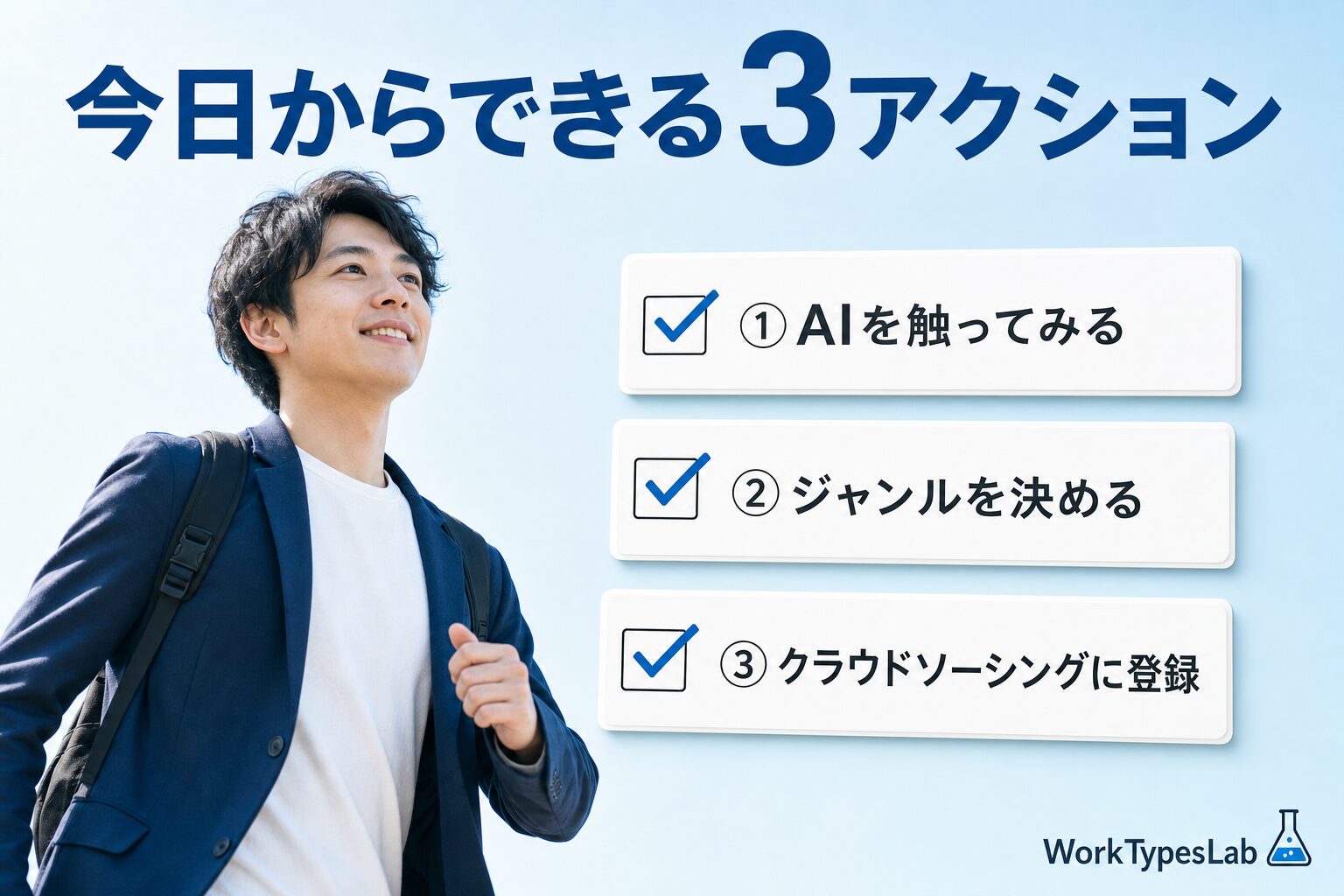 AIを触る・ジャンルを決める・クラウドソーシング登録の3アクションを示した図解