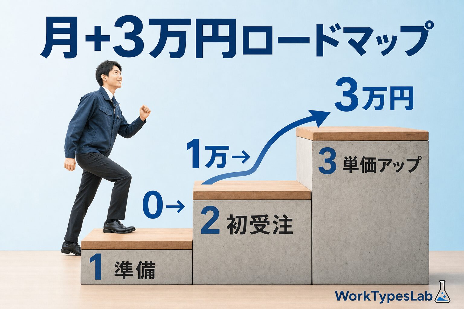 0から1、月+3万円までのAI副業ロードマップを示した階段状の図解