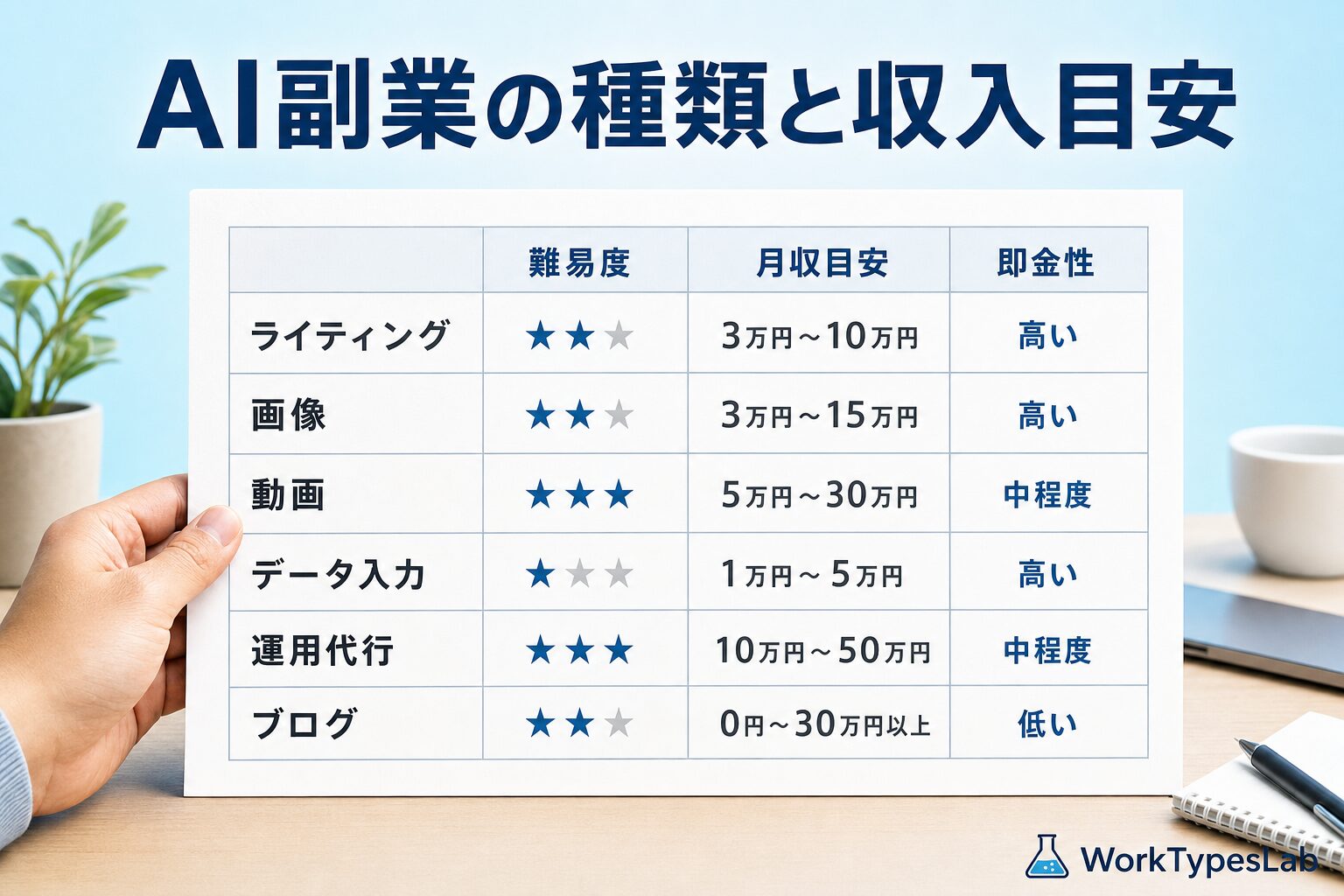 AI副業の種類ごとの難易度・月収目安・即金性を比較した表の図解