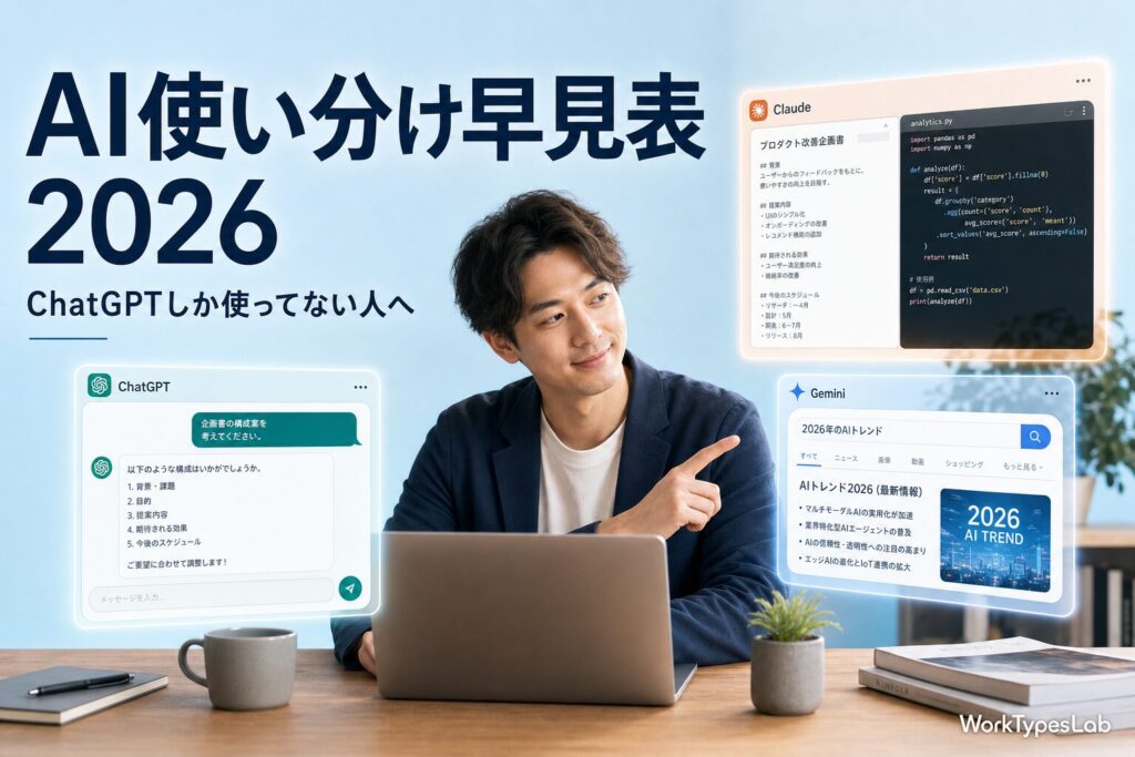 ChatGPT・Claude・Geminiを用途別に使い分ける2026年版の早見表を示すアイキャッチ画像