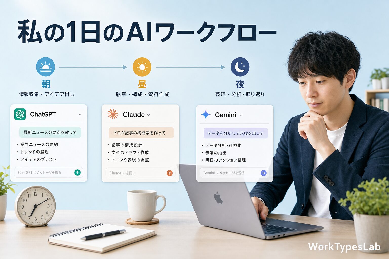 1日のAIワークフロー例のタイムライン図解
