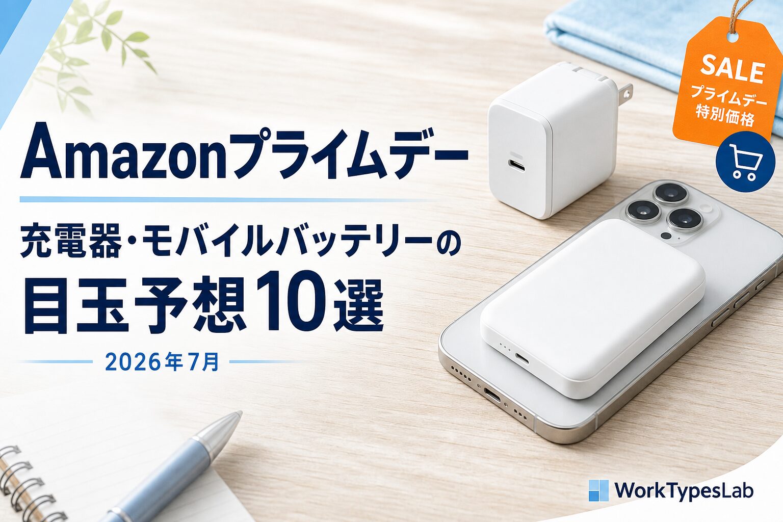 Amazonプライムデーで狙う充電器とマグネット式モバイルバッテリーの目玉予想を示したアイキャッチ図解
