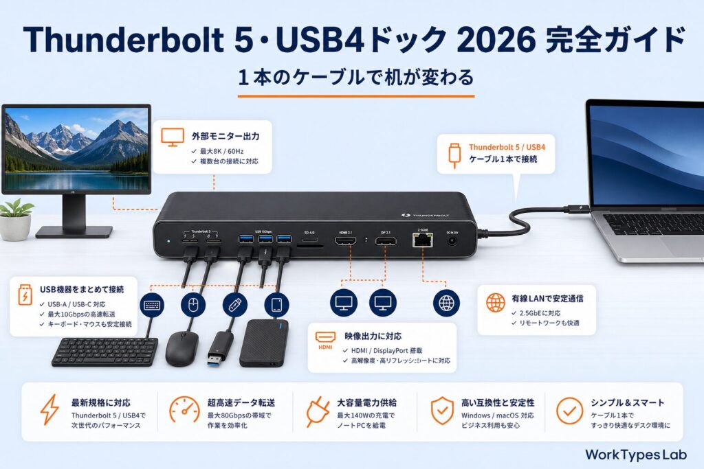 【2026年版】Thunderbolt 5・USB4 V2 ドッキングステーションおすすめ｜MacBook/Windows 1本で全部つなぐ選び方