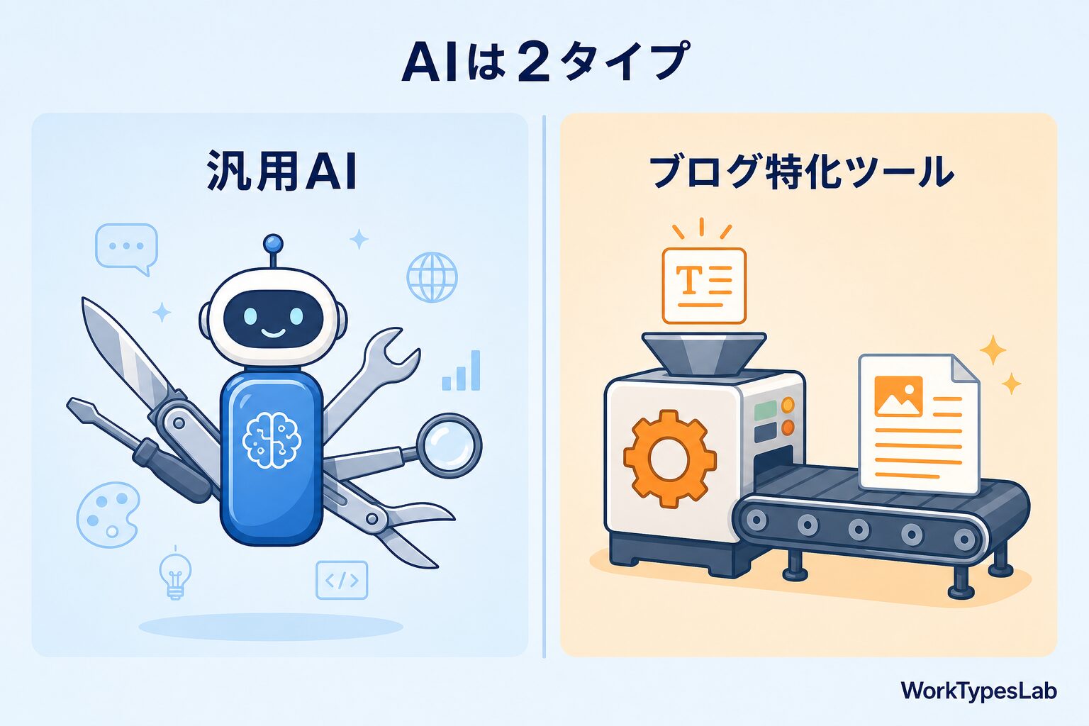 ブログ用AIは汎用AIとブログ特化SEOツールの2タイプ|分類図