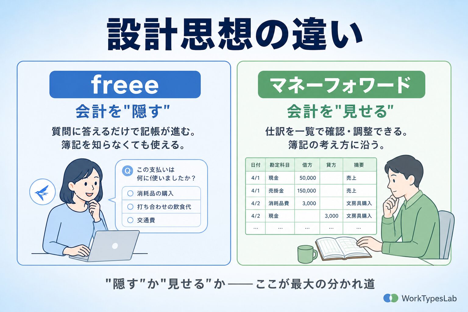 freeeは会計を隠す思想、マネーフォワードは会計を見せる思想の対比図解