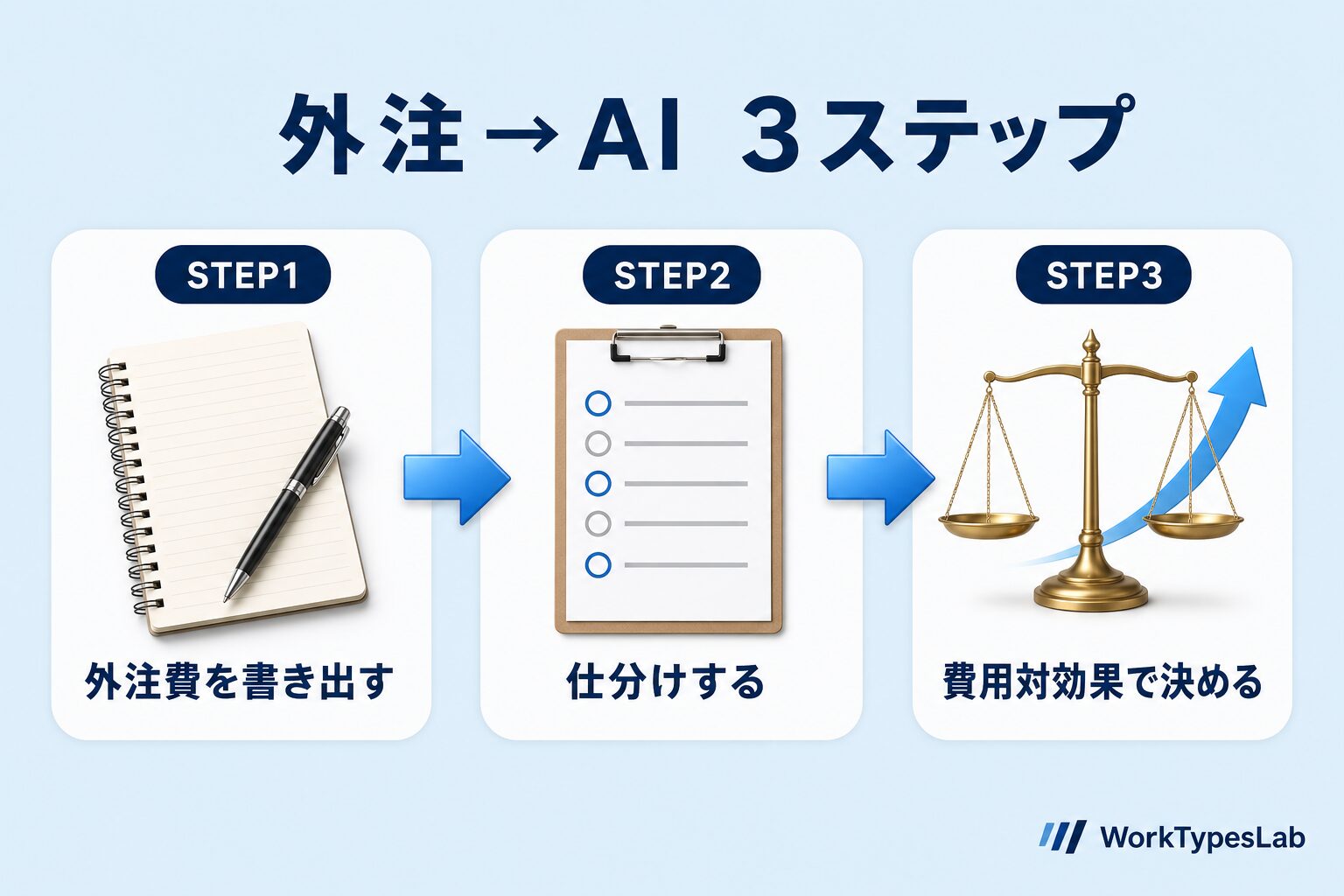 外注→AI置き換えを費用対効果で決める3ステップ|フロー図