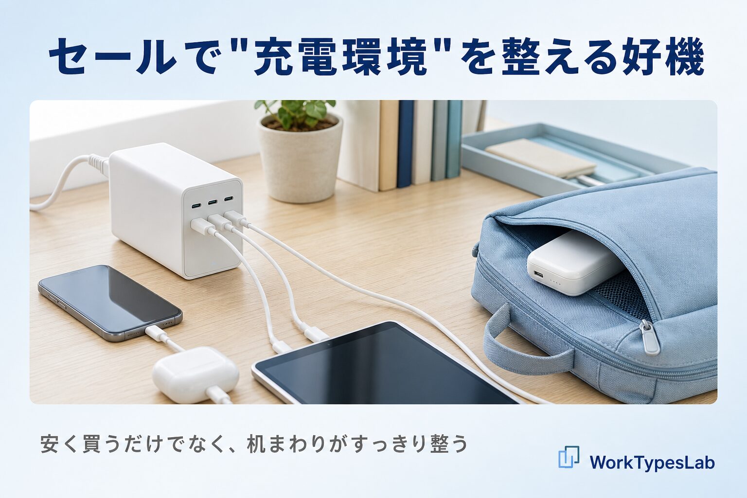 1台にまとまった机の充電器とカバンのモバイルバッテリーの整った環境まとめ図解