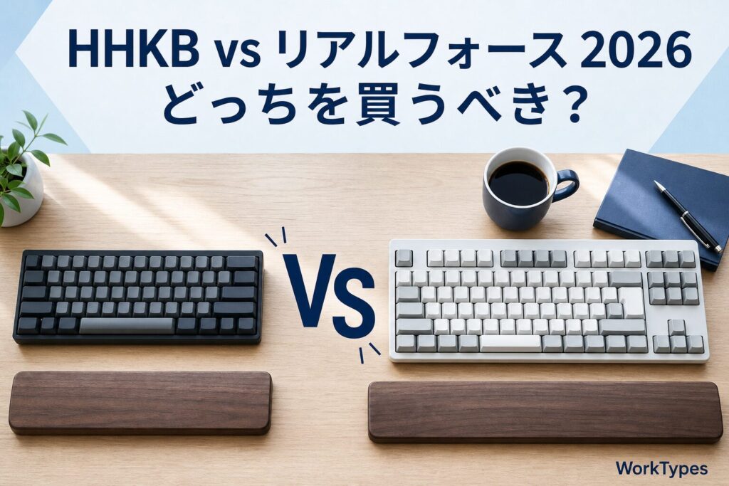 サイズの異なる2台の静電容量無接点キーボードを比較する作業机