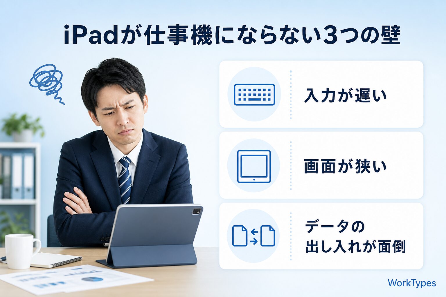 「iPadが仕事機にならない3つの壁」を示す図解