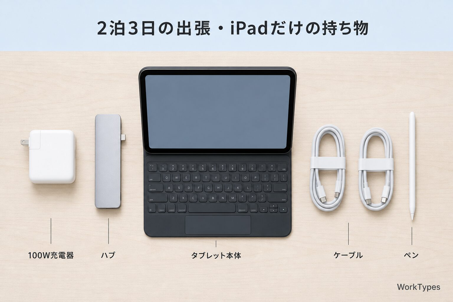 「出張カバンの中身」を示す図解｜iPad周辺機器おすすめ2026