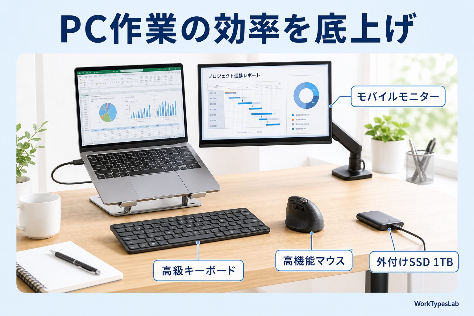 PC作業効率を底上げするガジェット|モバイルモニター・キーボード・マウス・外付けSSD