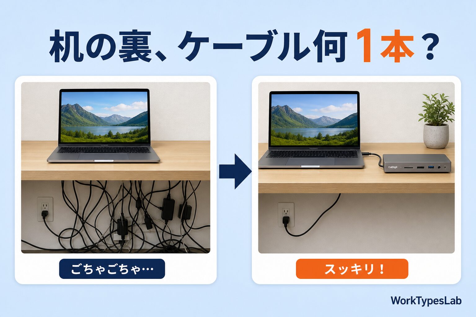 デスクの裏がケーブルだらけになる悩み|ドッキングステーションで1本化する図解