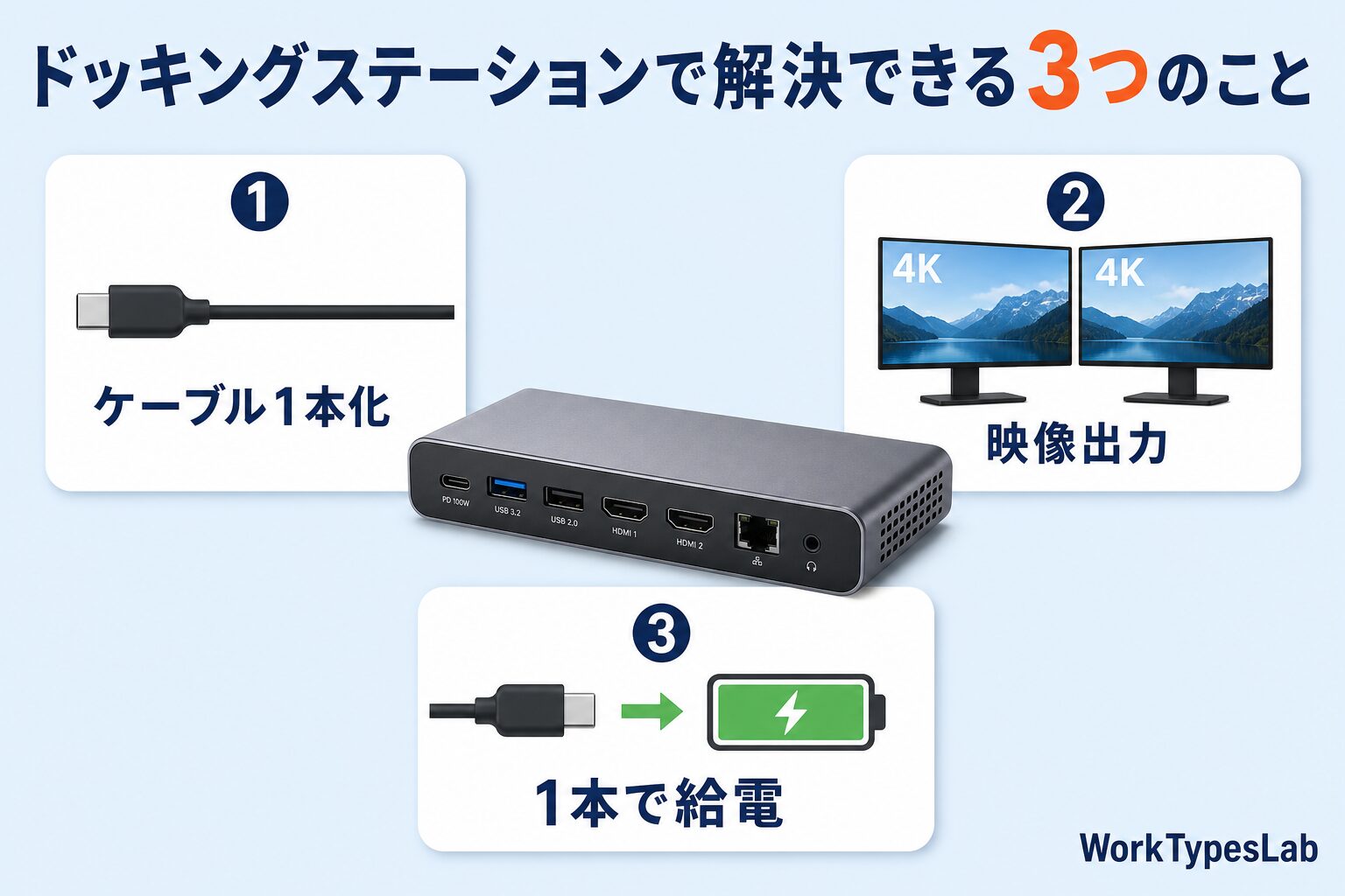 ドッキングステーションで解決できる3つのこと|ケーブル1本化・映像出力・給電