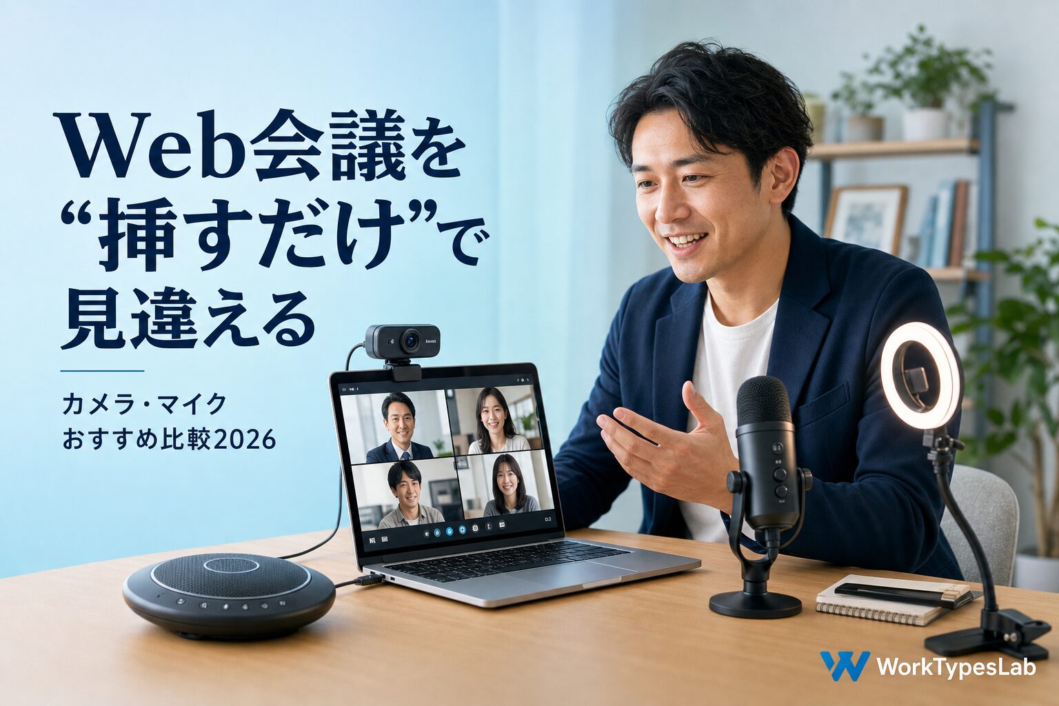 在宅Web会議のカメラと音声を挿すだけで見違えさせるおすすめ機材2026年版のアイキャッチ