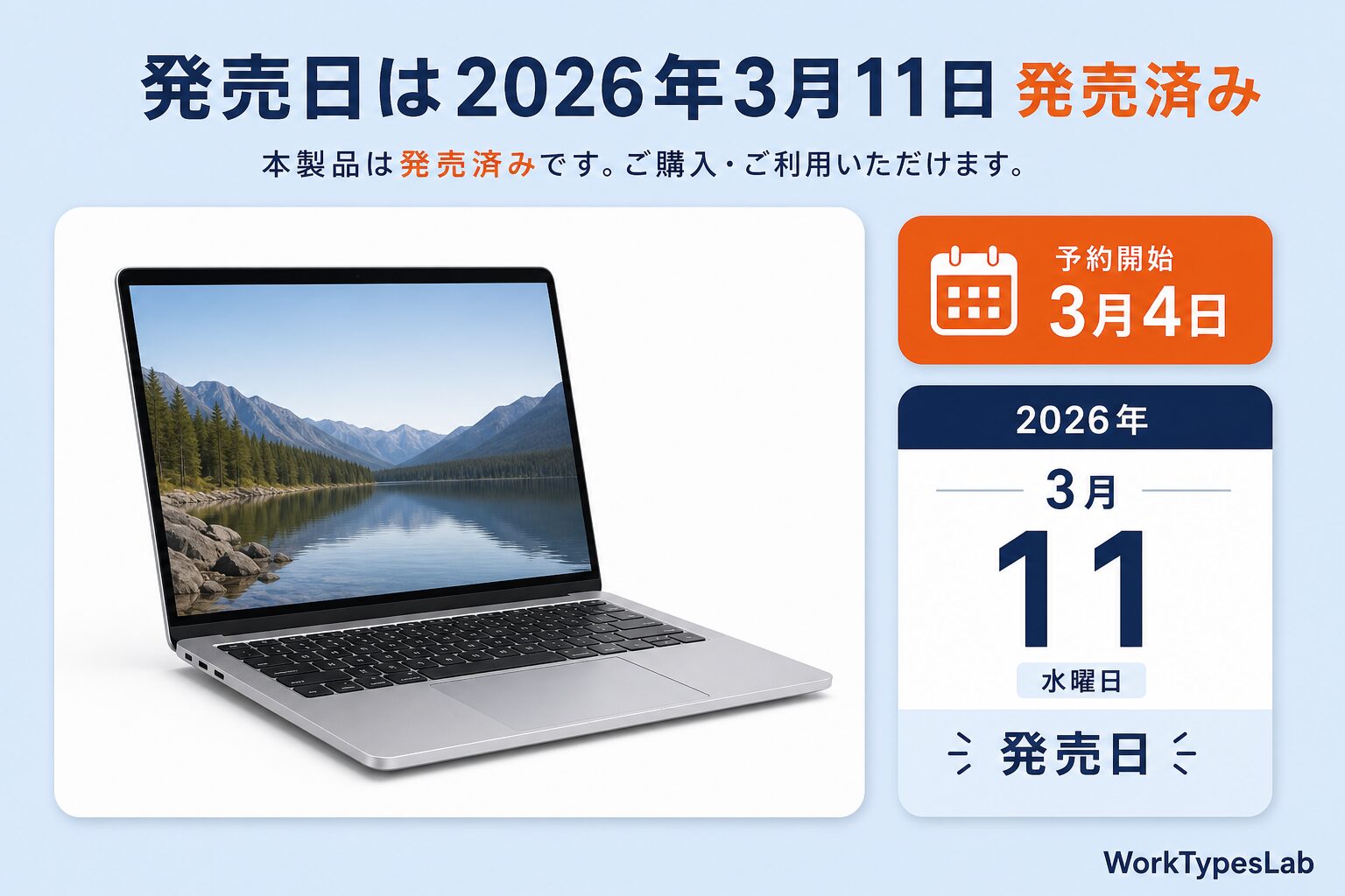 M5 MacBook Proの発売日が2026年3月11日であることを示す図解。発表は3月3日、予約開始は3月4日