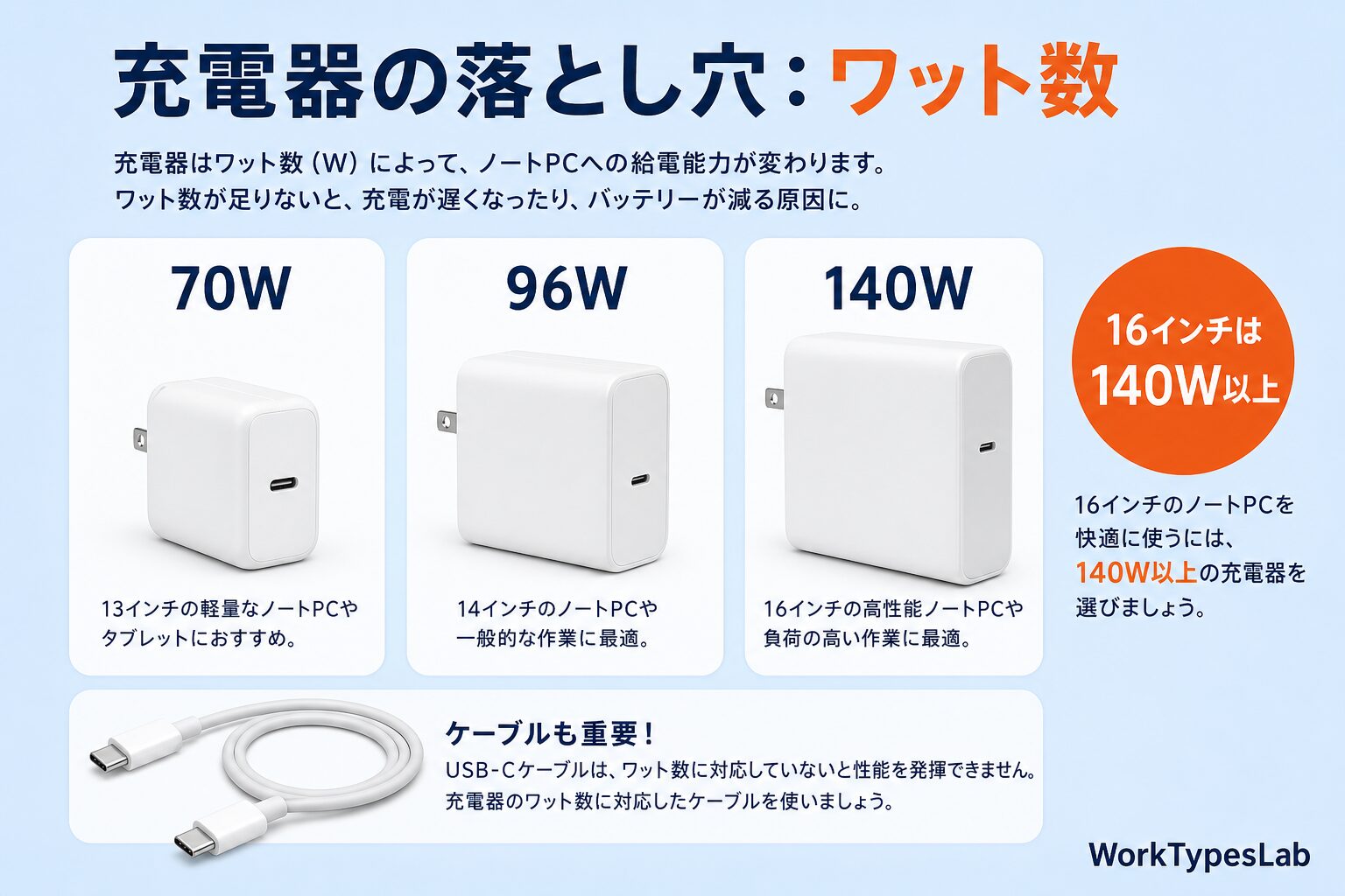 MacBook Proの充電器が70W・96W・140Wに分かれ、16インチは140W以上が必要なことを示す図解