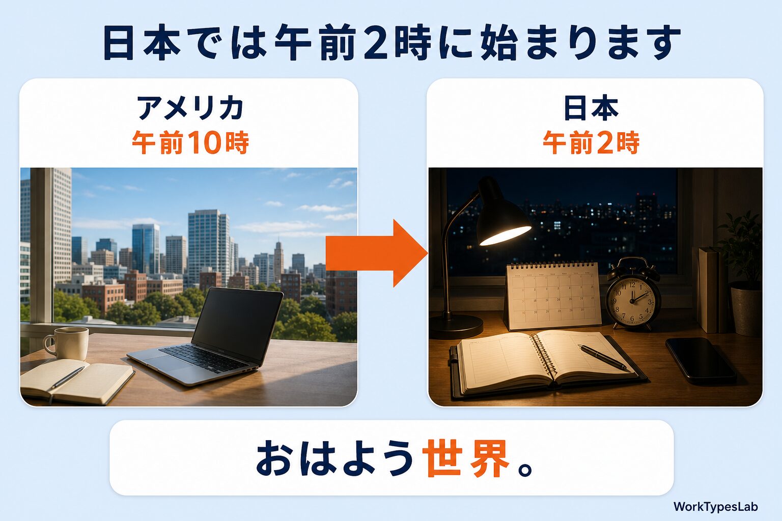 アメリカの昼と日本の深夜を左右に並べ、時差を矢印でつないだ図