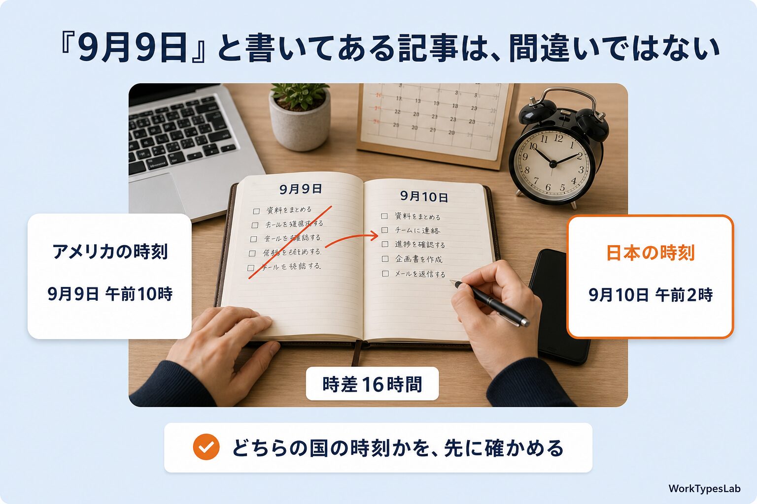 手帳の9日の予定に斜線が引かれ、10日へ書き直されている図