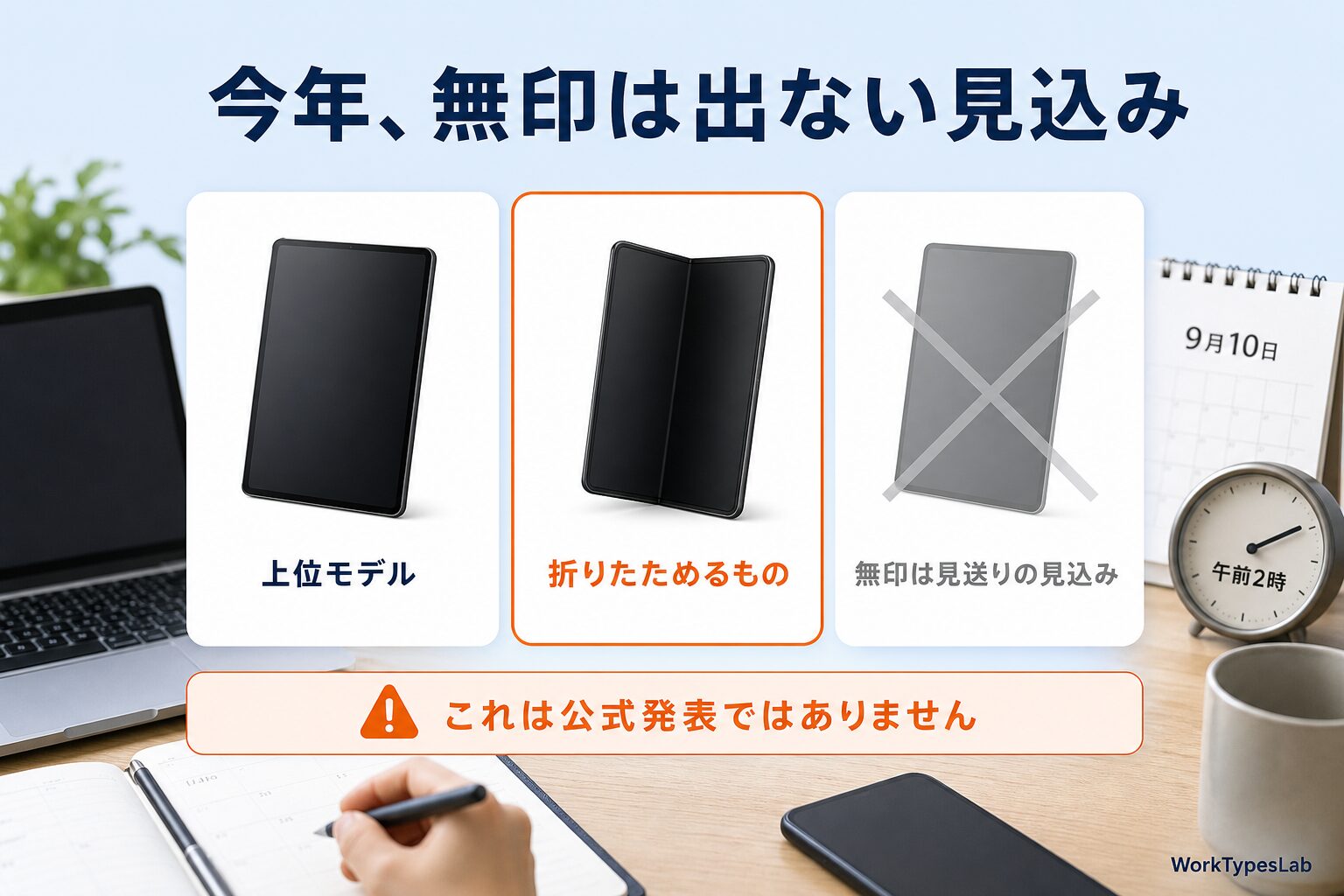 上位モデル・折りたためるモデル・無印の3つを並べ、無印だけ薄く×印が付いた図