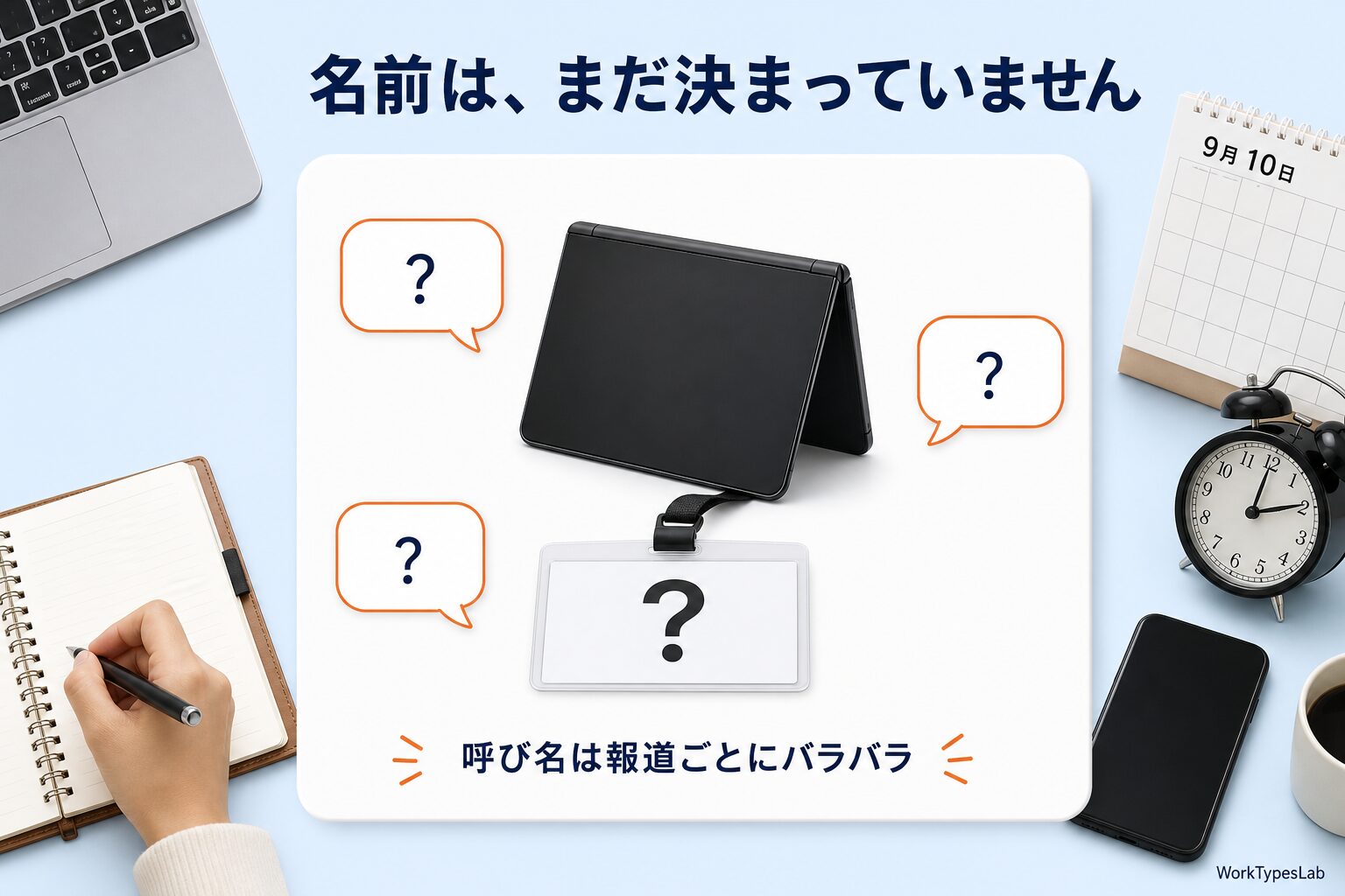 折りたためる端末に「?」の名札が付き、周囲の吹き出しも「?」になっている図