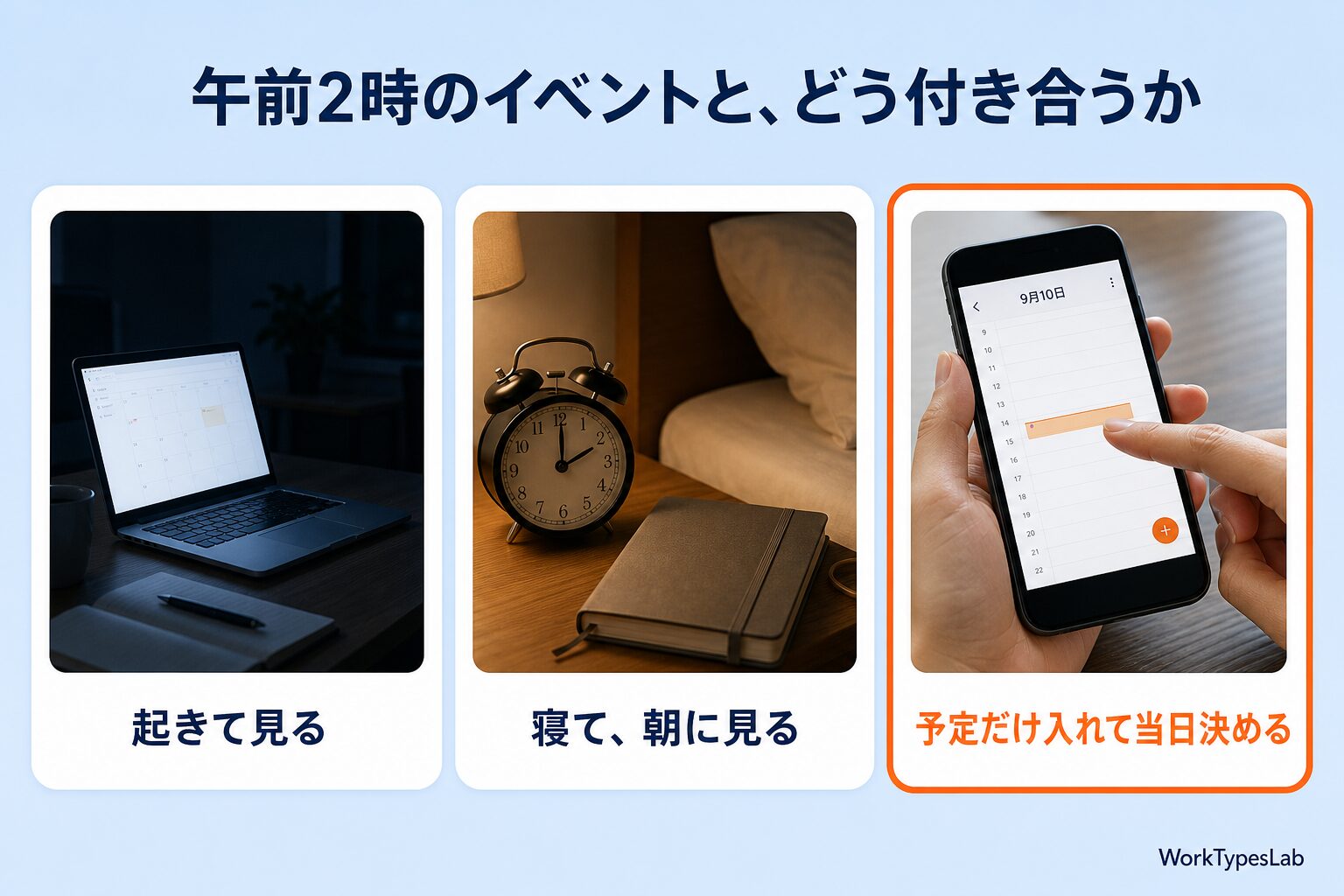 起きて見る・寝て朝に見る・予定だけ入れて当日決める、の3案を並べた図
