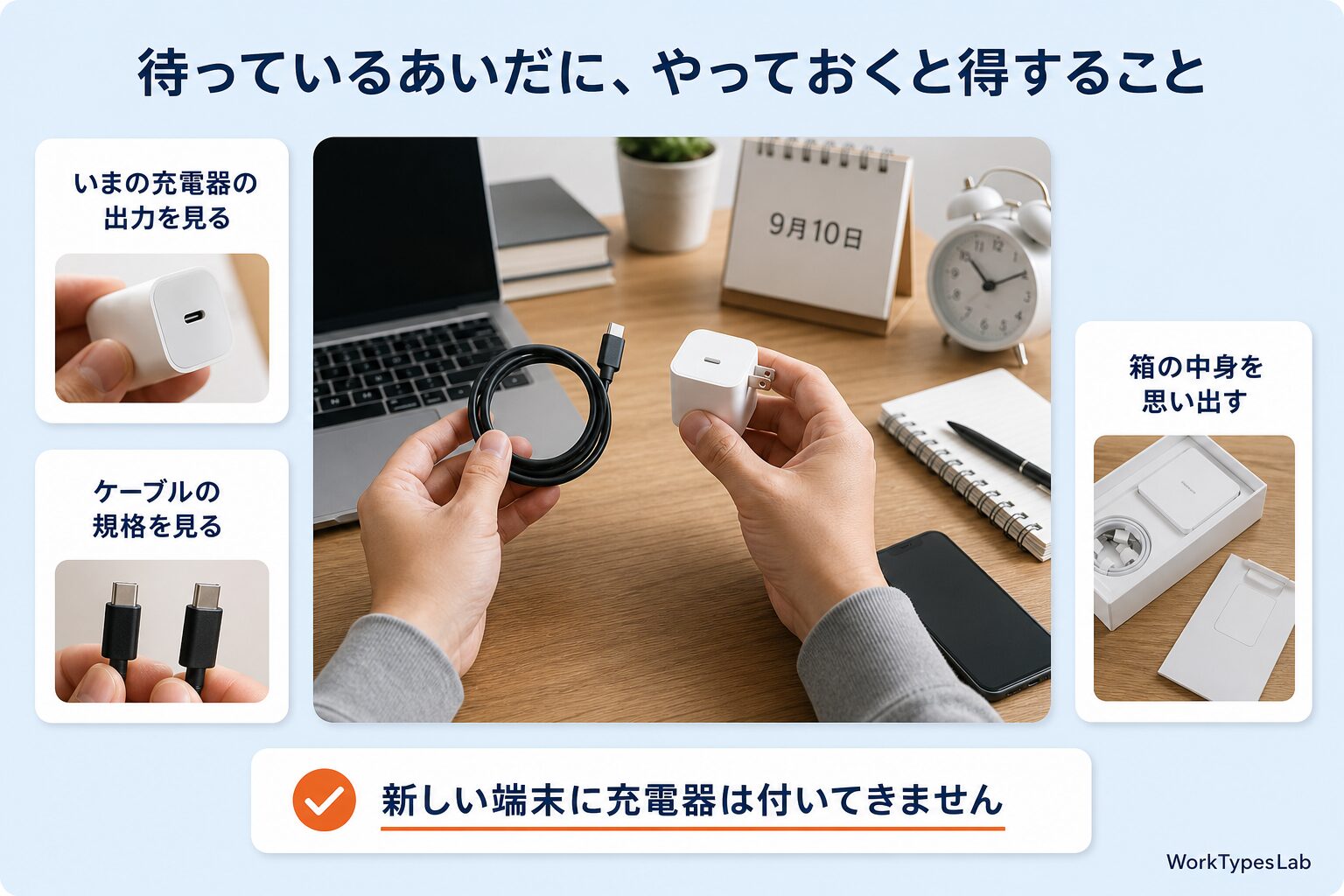 USB-Cケーブルと充電器を手元で確認し、出力とポートの形を見ている図