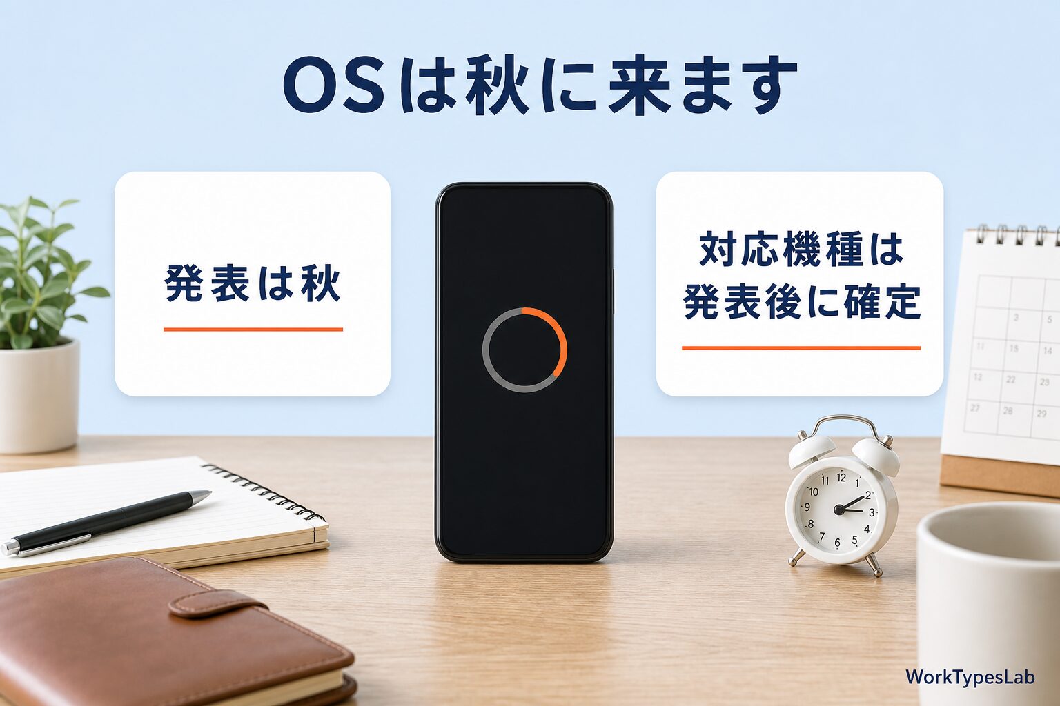 更新中を示す円形のインジケーターが表示された端末と、発表後に対応機種が確定することを示した図