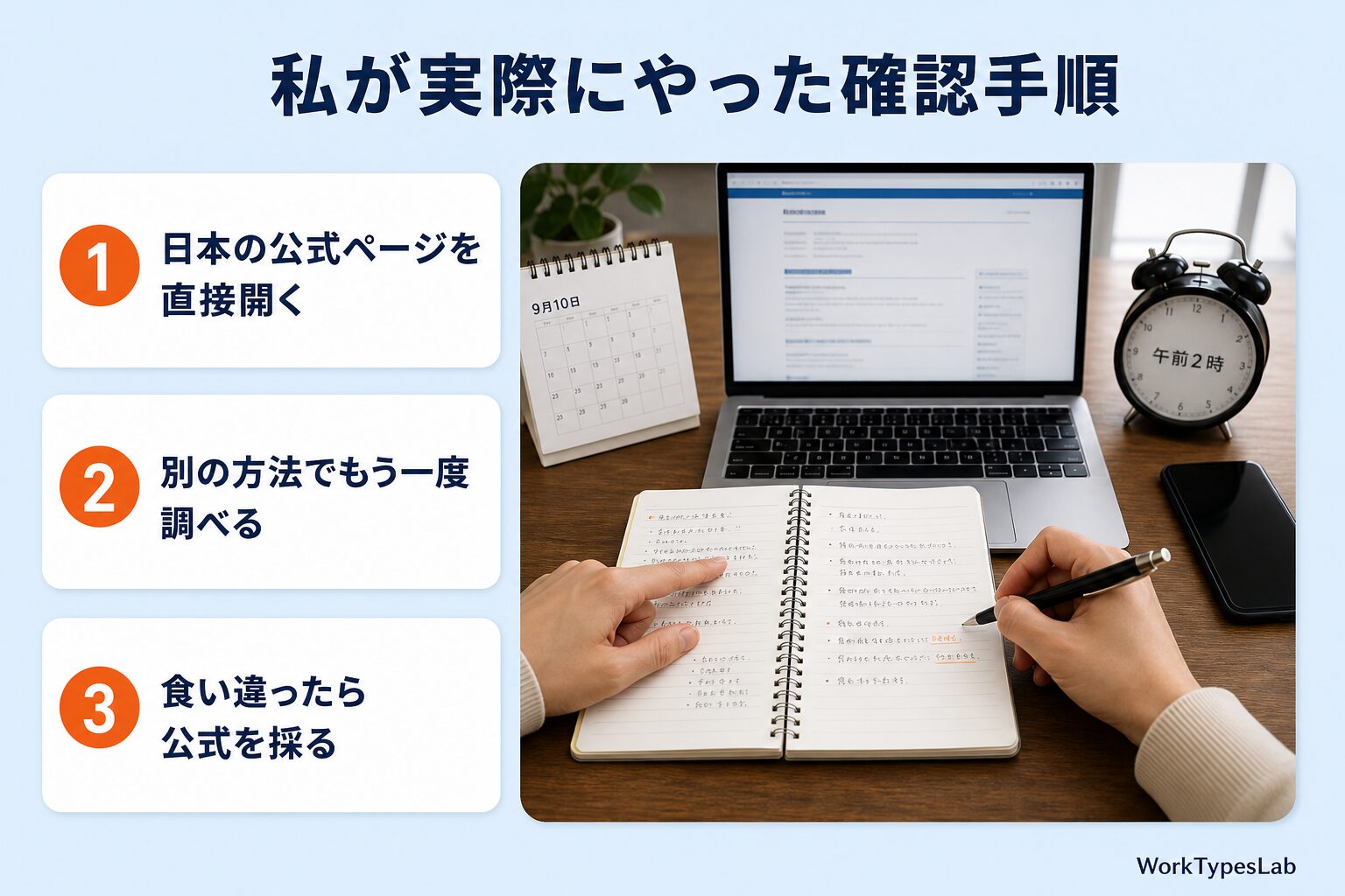 公式ページを直接開く・別の方法で調べ直す・食い違ったら公式を採る、の3ステップの図