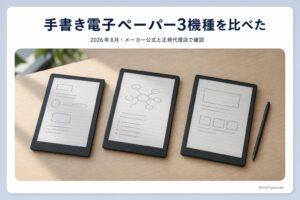 机に並んだ3台の手書き電子ペーパー端末とスタイラスペン