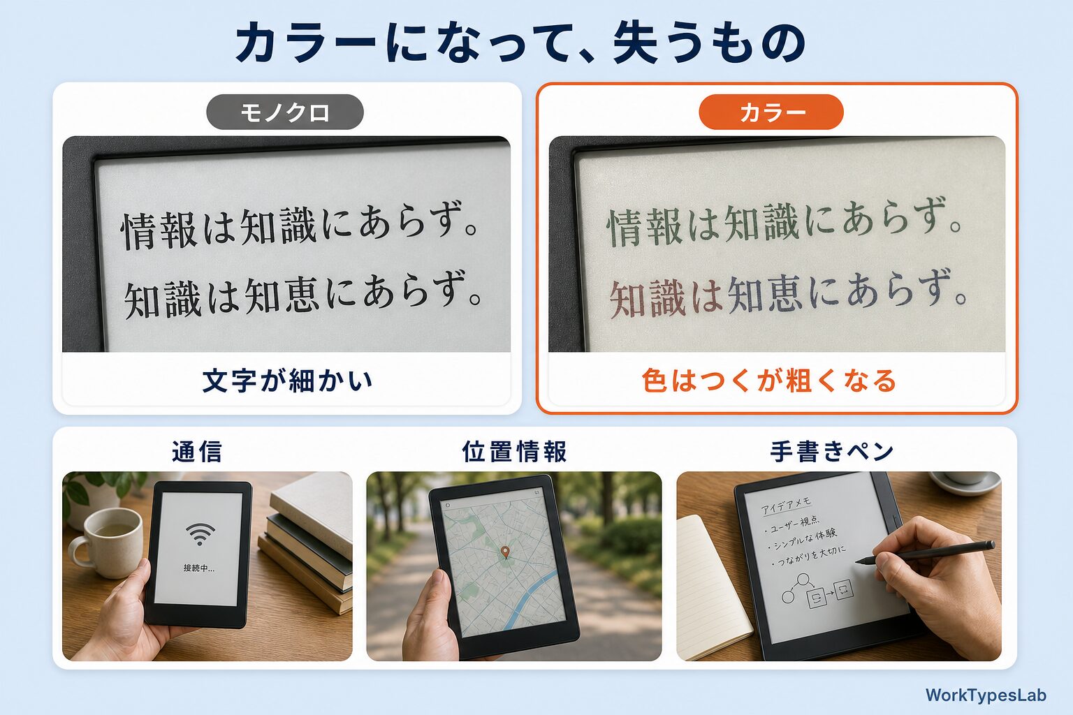 モノクロ表示とカラー表示で文字の細かさがどう変わるかを比べた拡大図