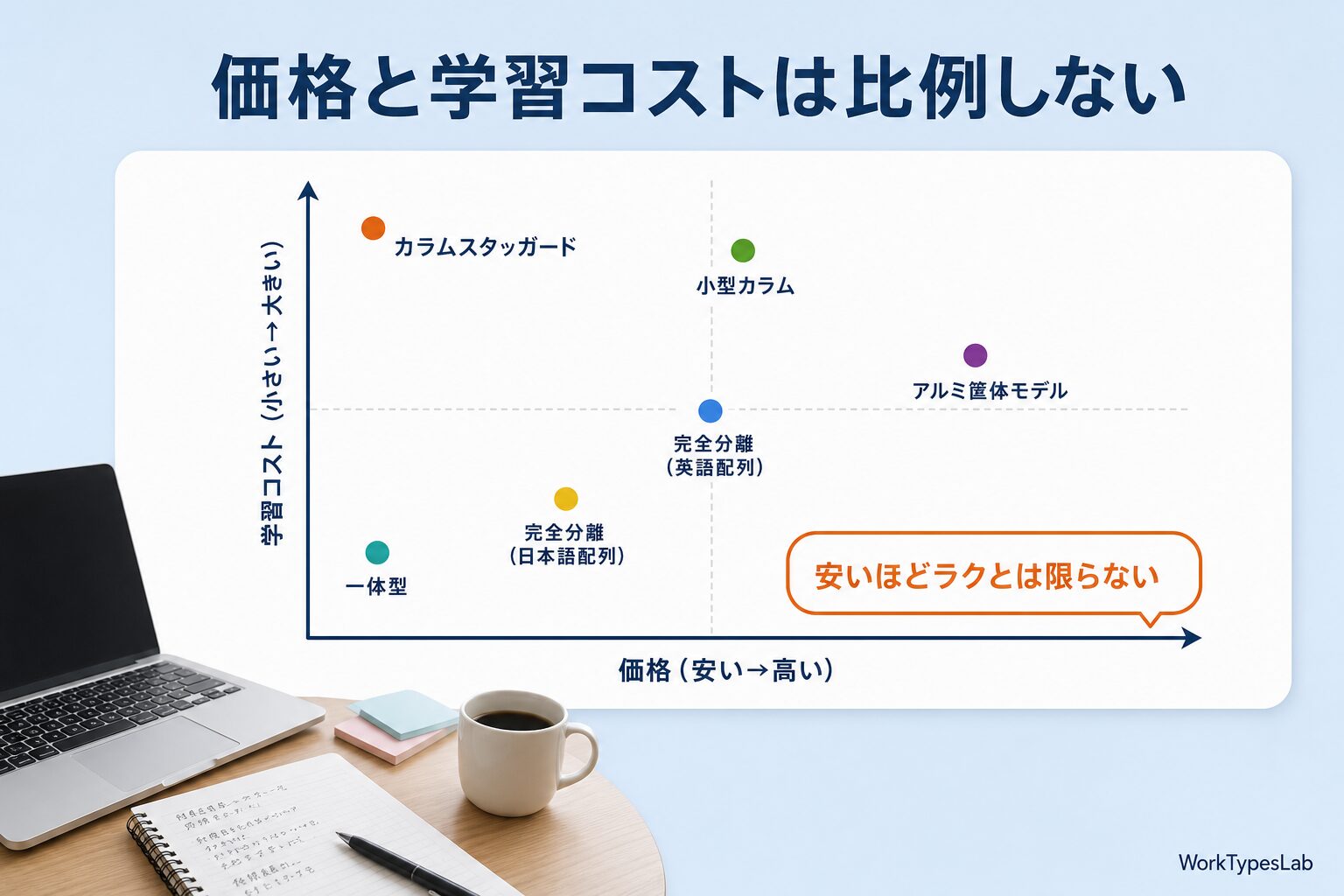 分割キーボードの価格と学習コストの関係を示した散布図