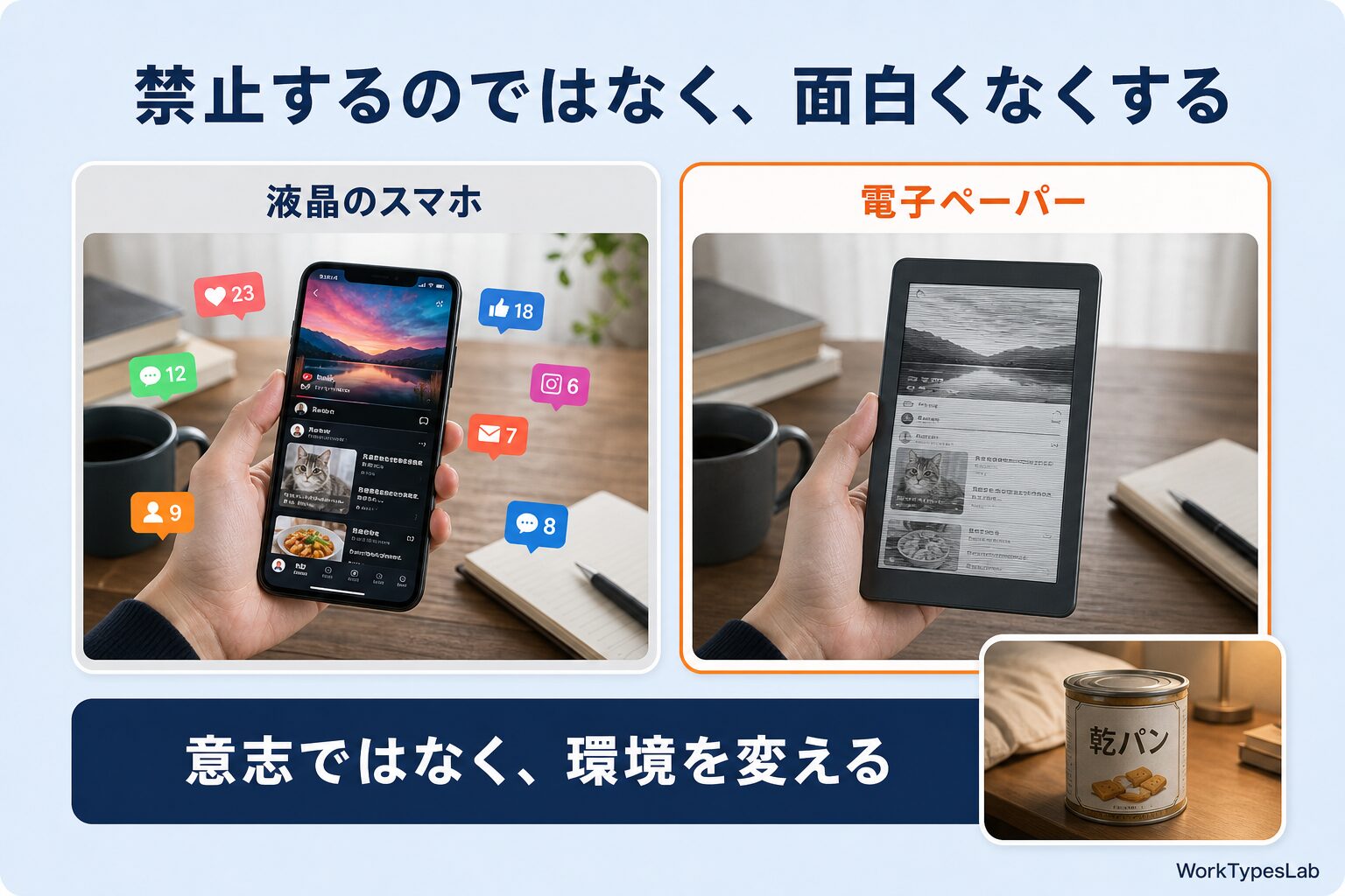 鮮やかな液晶画面と白黒の電子ペーパー画面を比べた図
