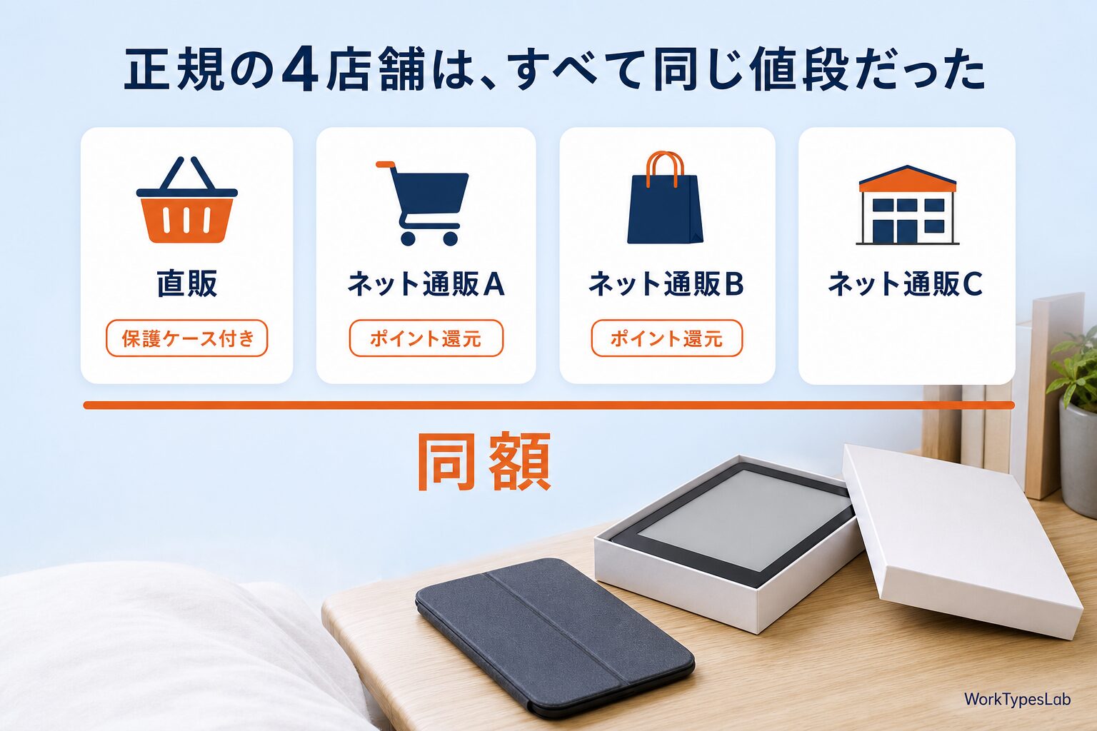 正規販売店4店舗の価格が同額であることと付属品の違いを示した図